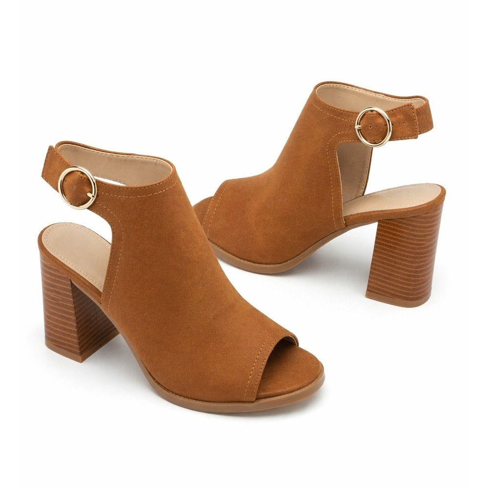 Coutgo Tan Peep Toe Block Heel Sandals Size 6 Faux Suede 3.5" Heel NIB